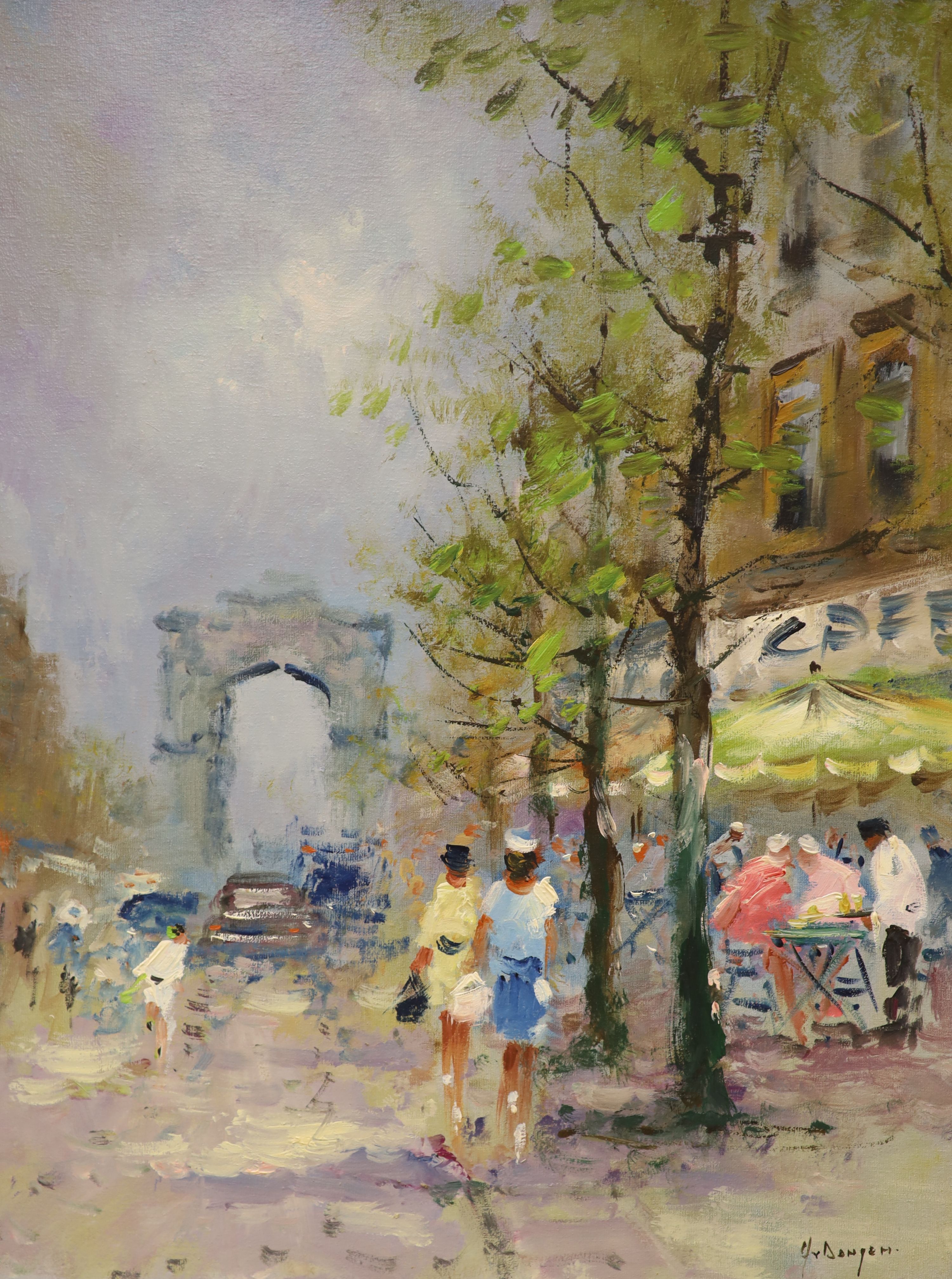 Harrij van Dongen (1909-), oil on canvas, Paris street scene with the Arc de Triomphe, signed, 50 x 40cm